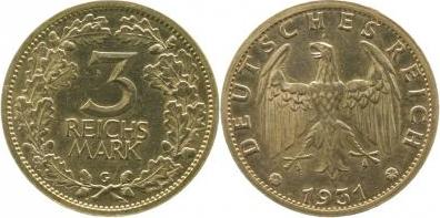 34931G~1.3a-GG 3 Reichsmark  1931G f.prfr/prfr/stgl Erstabschlag (EA)! !! Extrem selten i.d. Erhaltung J 349  