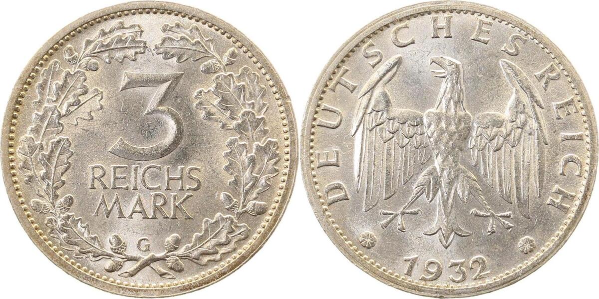 34932G~1.1-GG 3 Reichsmark  1932G prfr/stgl TOP !!! J 349  