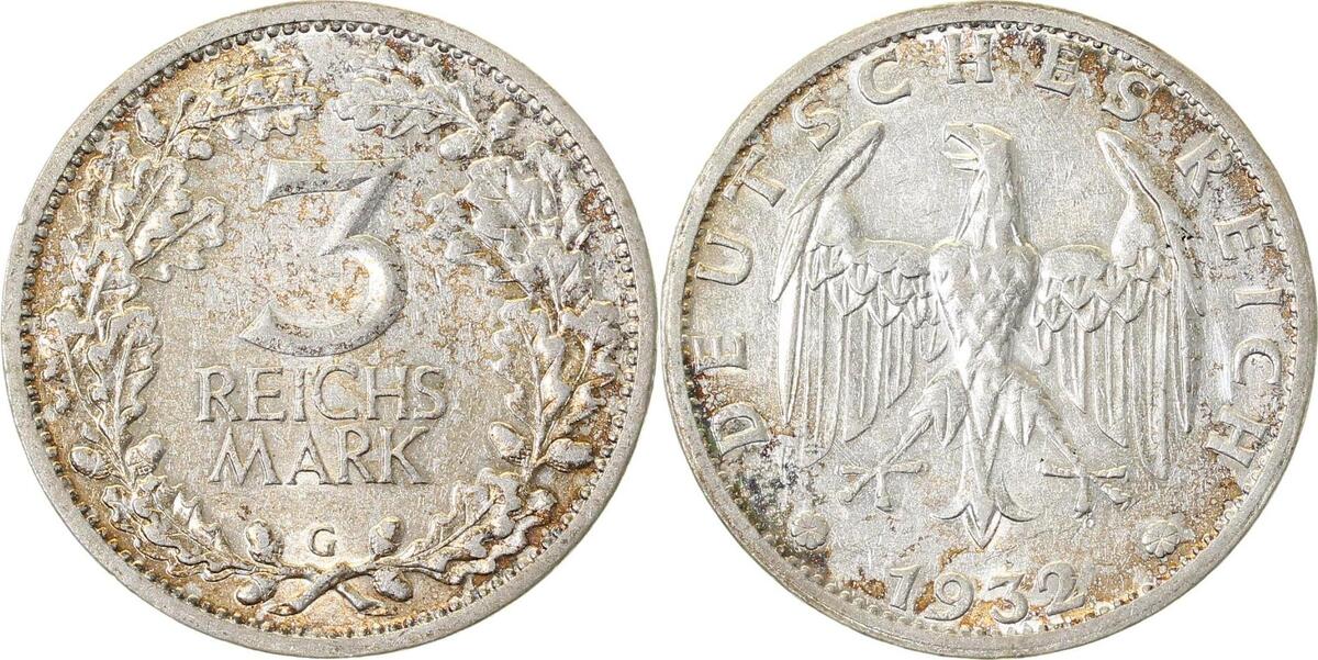 34932G~1.9-GG 3 Reichsmark  1932G vz/vz+, ein wenig Patina J 349  