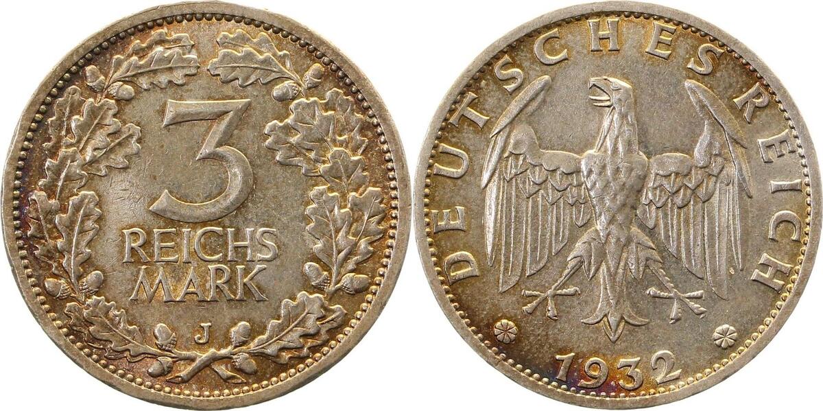 34932J~1.3-GG-PAT 3 Reichsmark  1932J f.prfr/prfr !! schöne Patina J 349  