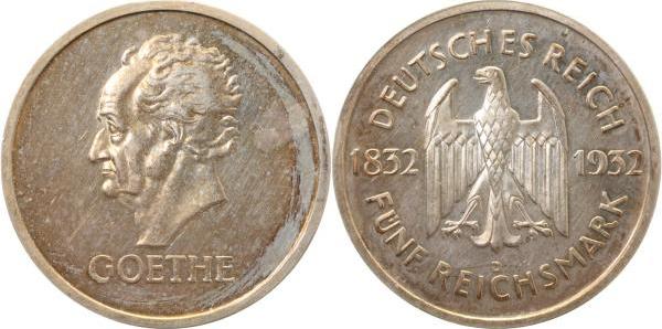 35132D~0.1-GG 5 Reichsmark  Goethe 1932D PP- J 351  