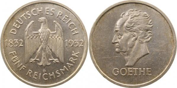 35132D~1.5b-GG 5 Reichsmark  Goethe 1932D vz/st minimale Krätzerchen!!! J 351  