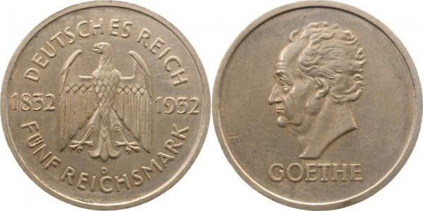 35132D~2.0b-GG 5 Reichsmark  Goethe 1932D vz kl. Kratzer inkl. Expertise J 351  