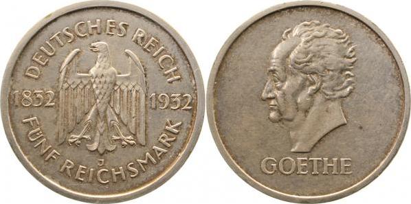 35132J~1.8-GG 5 Reichsmark  Goethe 1932J fast vz inkl. Expertise J 351  