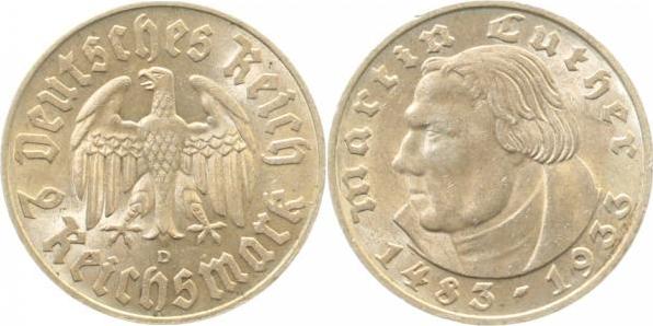 35233D~1.5 2 Reichsmark  Martin Luther 1933D vz/st !! J 352  