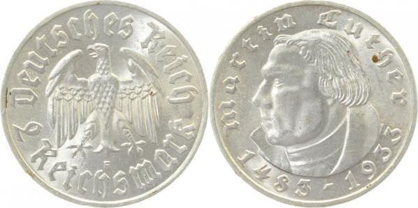 35233F~1.2 2 Reichsmark  Martin Luther 1933F f. stgl min. Kerbe J 352  
