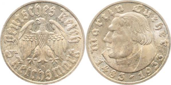 35333D~1.3-IN 5 Reichsmark  1933D Luther f.prfr/prfr. !! J 353  