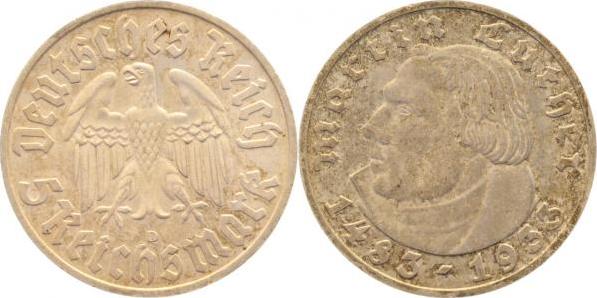 35333D~1.5-GG 5 Reichsmark  1933D Luther vz/stgl J 353  