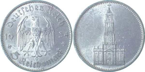 35734F~1.8 5 Reichsmark  1934F Kirche o.D. vz+ J 357  