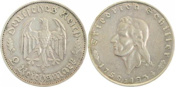 35834F~2.8 2 Reichsmark  1934F Fr.Schiller ss+ J 358  