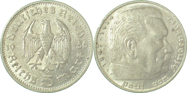 36036D~2.0b 5 Reichsmark  36D vz Mzz. wie J J 360  