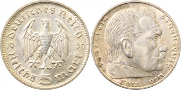 36036G~1.5 5 Reichsmark  Hindenburg 1936G vz/st J 360  