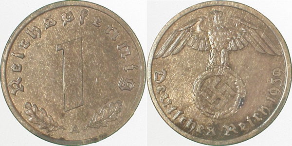 36139A~1.0b 1 Pfennig  1939A stgl schöne Patina J 361  