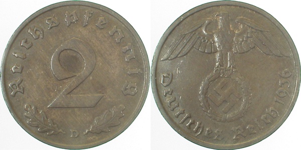 36236D~1.8 2 Pfennig  1936D vz+ J 362  