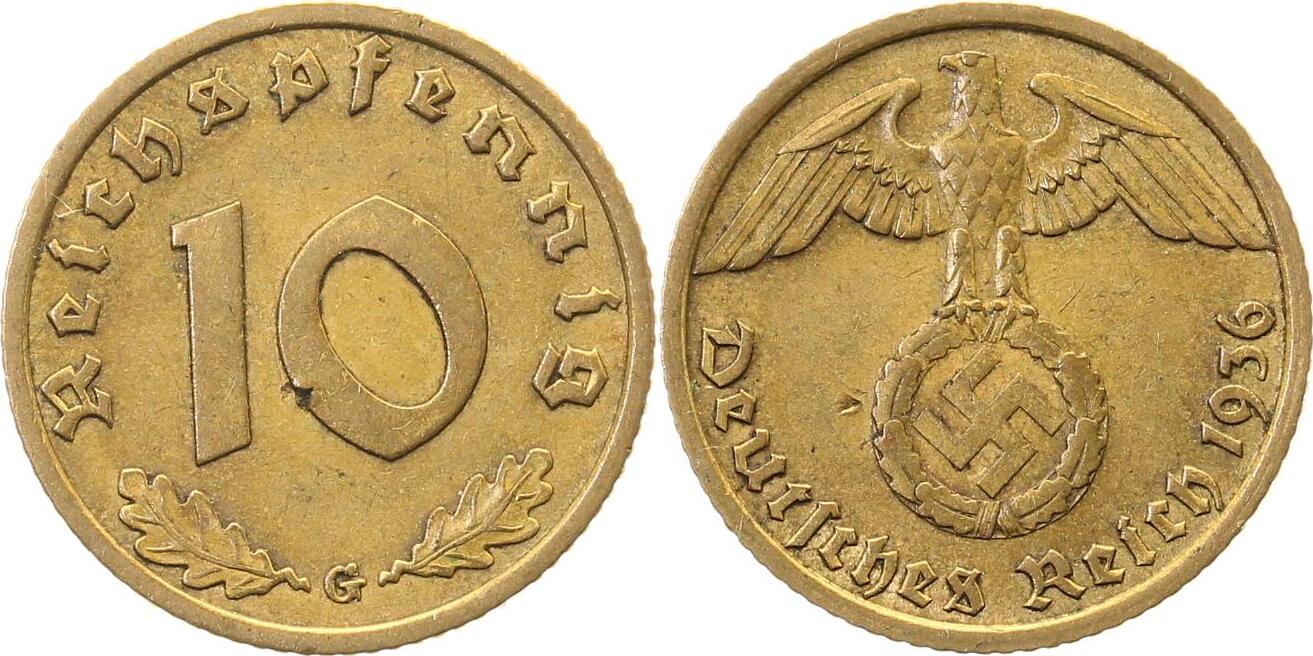 36436G~2.5b 10 Pfennig  1936G  ss/vz VS und RS kleines Löchle J 364  