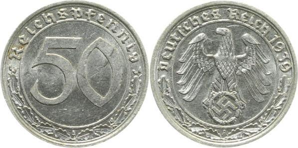 36539A~2.0b 50 Pfennig  1939A vz Jahreszahl deutlich doppelt !!! J 365  