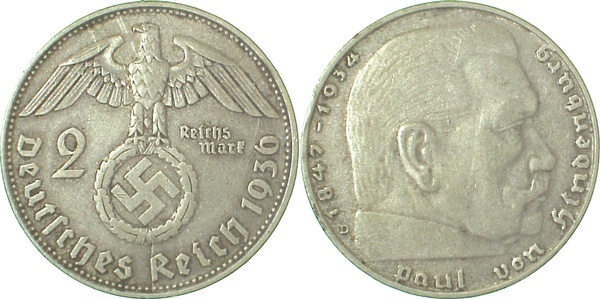 36636D~2.5 2 Reichsmark  Hindenburg 1936D ss/vz J 366  