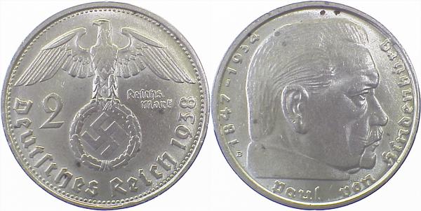 36638B~1.2 2 Reichsmark  Hindenburg 1938B f.stgl J 366  