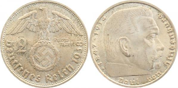 36638B~1.2 2 Reichsmark  Hindenburg 1938B f.stgl J 366  