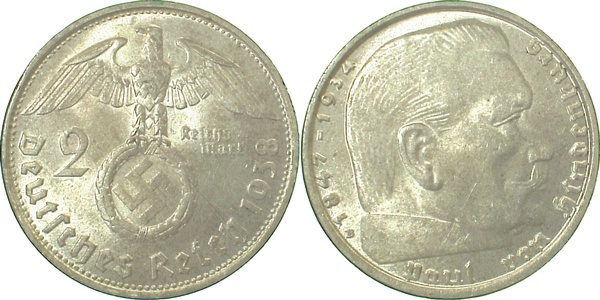 36638B~1.5 2 Reichsmark  Hindenburg 1938B vz/st J 366  