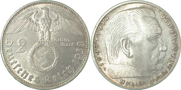 36638E~1.5 2 Reichsmark  Hindenburg 1938E vz/st J 366  