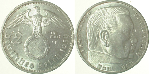 36639A~1.5 2 Reichsmark  Hindenburg 1939A vz/st J 366  