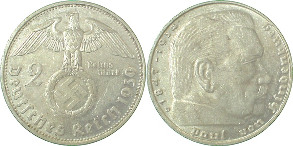 36639D~2.0P 2 Reichsmark  Hndb. 1939D VS&Mzz. deutl. doppelt vz !! J 366  