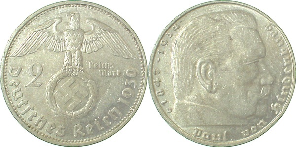 36639D~2.0P 2 Reichsmark  Hndb. 1939D VS&Mzz. deutl. doppelt vz !! J 366  