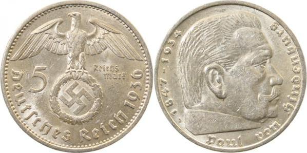 36736A~1.5 5 Reichsmark  Hindenburg 1936A vz/st J 367  