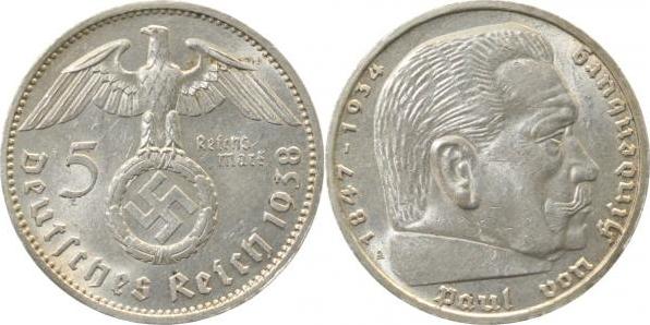 36738A~1.5 5 Reichsmark  Hindenburg 1938A vz/st J 367  