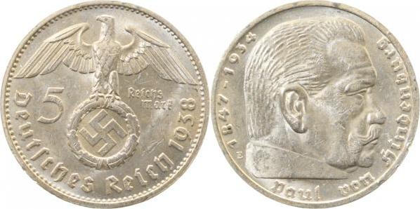 36738E~1.5b 5 Reichsmark  Hindenburg 1938E vz/stgl einge kl. Rf. - J 367  