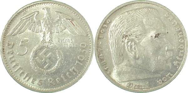 36739G~2.0 5 Reichsmark  Hindenburg 1939G vz J 367  