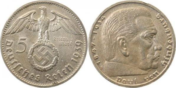 36739B~1.3 5 Reichsmark  Hindenburg 1939B prfr/f.prfr !!! J 367  