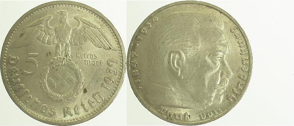 36739D~2.0P 5 Reichsmark  1939D vz VS: stark doppelt! J 367  