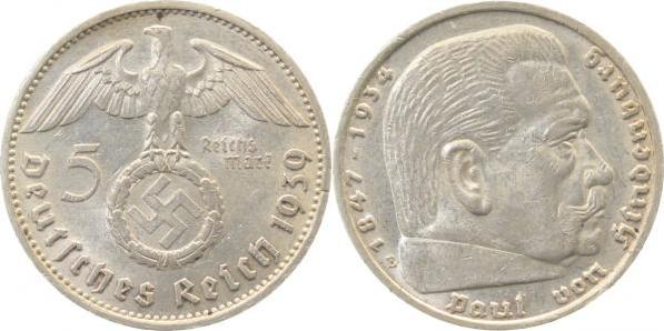 36739E~2.0 5 Reichsmark  Hindenburg 1939E vz J 367  