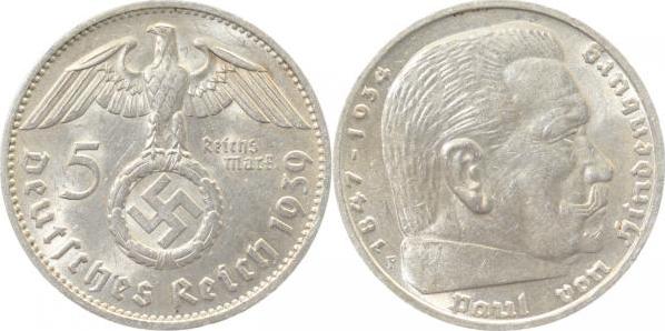 36739F~1.5 5 Reichsmark  Hindenburg 1939F vz/st J 367  