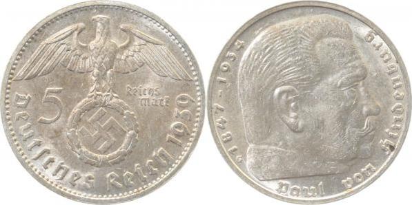 36739G~1.5b 5 Reichsmark  Hindenburg 1939G vz/st Wertseite doppelt !!!! J 367  