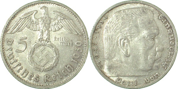 36739G~2.5 5 Reichsmark  Hindenburg 1939G ss/vz J 367  