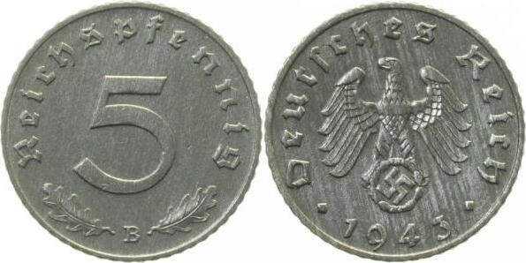 37043B~1.1 5 Pfennig  1943B prfr/stgl !!! J 370  