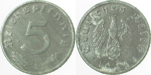 37043D~2.5P 5 Pfennig  43D gesamte VS st. doppelt geprägt !!! J 370  