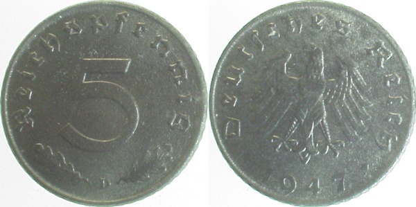 37447D~0.9 5 Pfennig  1947D prfr/fein zap. J 374  