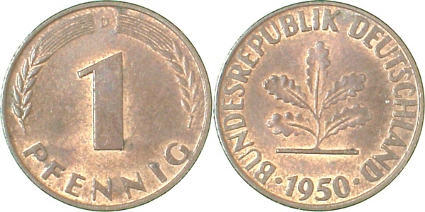 38050D~2.0v 1 Pfennig  1950D Var.Ngb.9.7 vz Ngb 9.7  