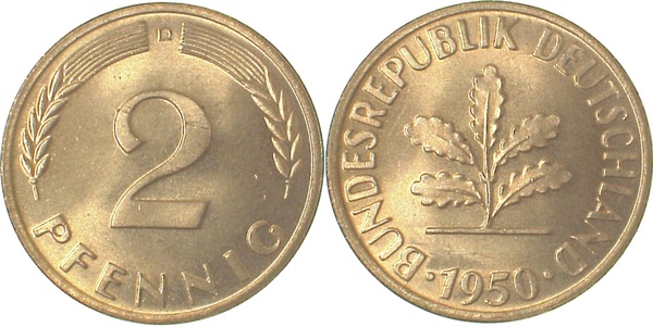 38150D~1.1 2 Pfennig  1950D bfr/stgl J 381  