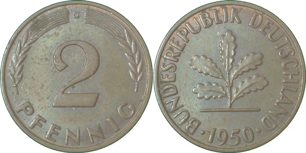 38150G~1.2a 2 Pfennig  1950G bfr/leichte Patina J 381  