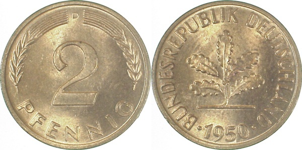 38150D~1.0 2 Pfennig  1950D stgl J 381  