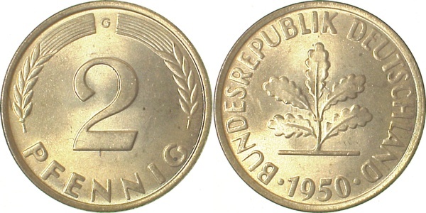 38150G~1.1 2 Pfennig  1950G bfr/stgl J 381  