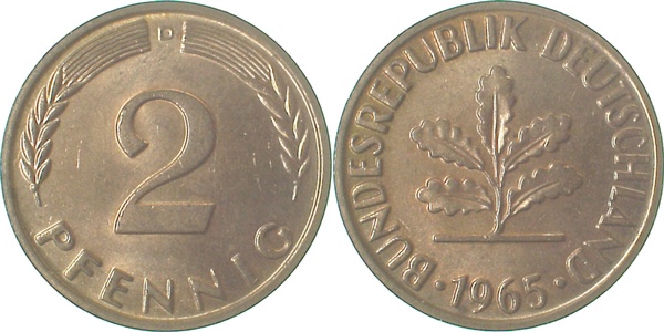 38165D~1.0a 2 Pfennig  1965D stgl.Erstabschlag (EA)! ! J 381  