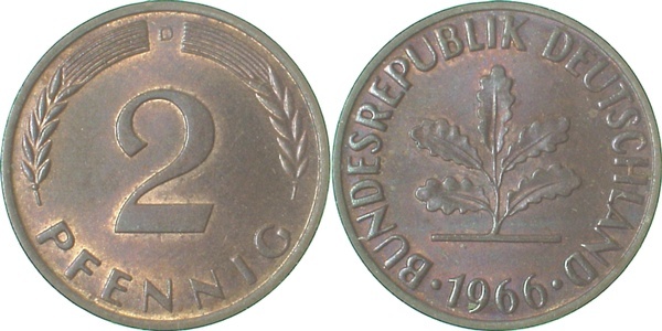 38166D~1.0a 2 Pfennig  1966D stgl/schöne Patina J 381  