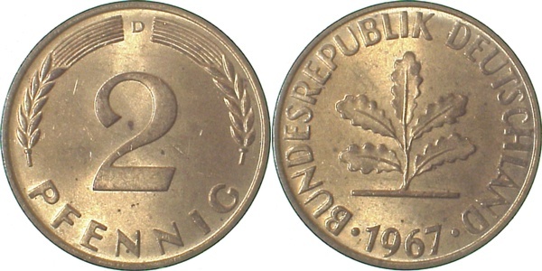 38167D~1.1 2 Pfennig  1967D bfr/stgl J 381  