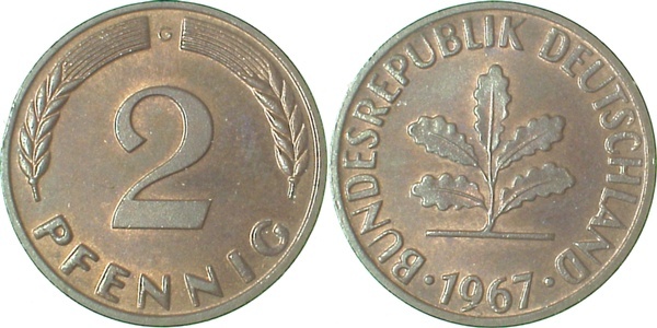 38167G~0.9b 2 Pfennig  1967G st/fein sch.patina J 381  